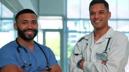 Aufkleber - Medical men, portrait and smile of a doctor and nurse for healthcare, medicine and health insurance. Male workers in a hospital for collaboration, professional care and teamwork with arms crossed