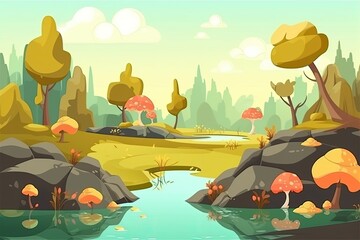 Poster - serene river flowing through a lush green forest in a cartoon style. Generative AI