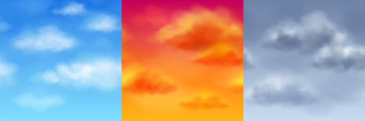 Wall Mural - realistic cloud sky seamless illustration vector set. morning blue, orange sunrise and evening gray 