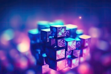 Poster - colorful stack of geometric cubes on a wooden table. generative ai