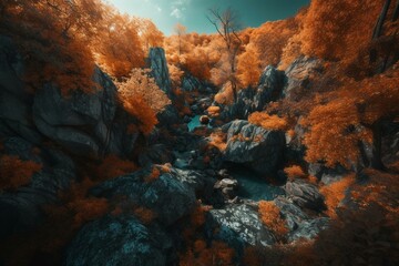  Stunning view of unique formations and fall foliage. Generative AI