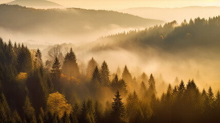 Magical autumn forest with sun rays in the evening. Trees in fog. Colorful landscape with foggy forest, gold sunlight, and orange foliage at sunset