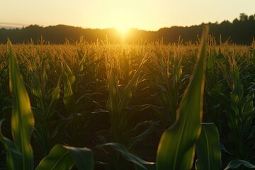 Poster - picturesque sunset scene over a vast corn field. Generative AI