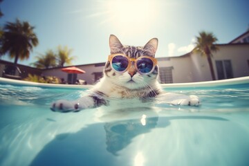 Cat in sunglasses is resting on an inflatable mattress by the pool, vacation at the resort. Day off, relax