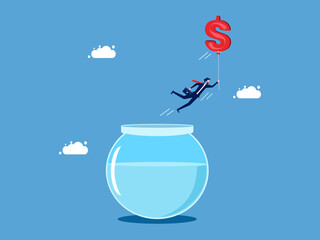 Wall Mural - Independent life with money. Businessman floats with money balloons out of fishbowl vector