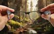 Close up of male hands holding and looking through the glasses at the forest, eye sight concept.