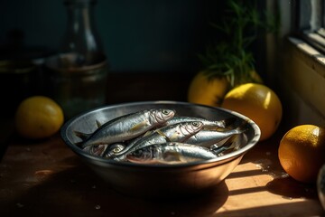 Fresh sardines in a bowl and lemon on the kitchen table. Light from the window. Generative artificial intelligence.