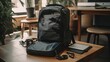 A compact travel backpack with accessories on a table in a cafe.
