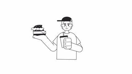 Poster - Teenager enjoying food bw animation. Male student drinking with cheeseburger isolated 2D flat monochromatic thin line character 4K video footage on white with alpha channel transparency for web design