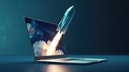 Rocket coming out of laptop screen, blue background. Generative Ai
