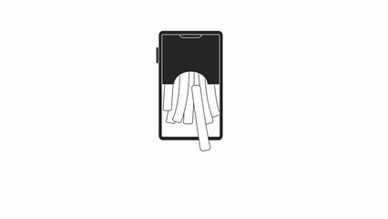 Poster - French fries on phone bw animation. Animated fried potato sticks on mobile 2D flat monochromatic thin line object. Fast food 4K video concept footage with alpha channel transparency for web design