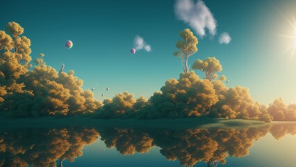 Wall Mural - A Breathtaking Scene Of A Lake With Trees And Balloons Flying In The Sky AI Generative
