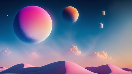 Wall Mural - A Creative Illustration Of A Desert Landscape With Planets In The Sky AI Generative