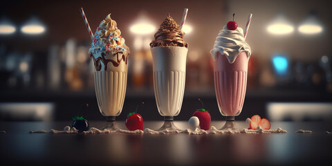 Different milkshakes set with nuts, caramel, strawberry and whipped creamare. Generative AI