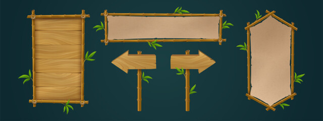 Poster - wooden bamboo sign board frame game ui vector set. wooden signboard with rope on stick and border is