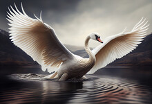 A Graceful Swan With Wings Gracefully Spread, Gliding Across A Serene Lake.
