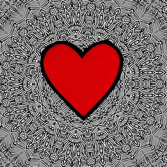 heart love red valentines day with kaleidoscope applied to doodle style background red heart on copy space