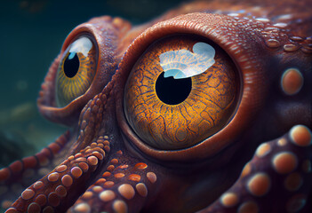 Poster - The octopus's large, round eyes gave it a curious, almost alien-like appearance. Generative AI technology.