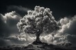 A beautiful tree under the clouds from a low viewpoint in grayscale. Generative AI