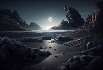 Poster - A dark and mysterious landscape that resembles the surface of Pluto Generative AI technology.