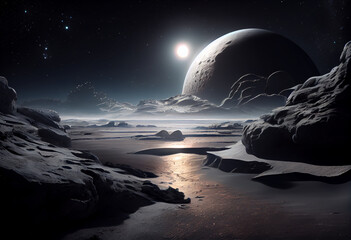 Leinwandbilder - A dark and mysterious landscape that resembles the surface of Pluto Generative AI technology.