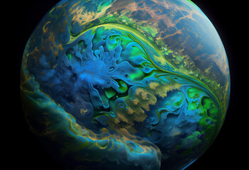 Poster - A majestic, blue and green sphere that resembles the Earth from space. Generative AI technology.