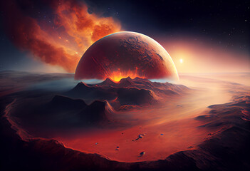 Poster - A fiery, red planet with a swirling dust storm that resembles the surface of Mars. Generative AI technology.