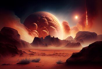 Poster - A fiery, red planet with a swirling dust storm that resembles the surface of Mars. Generative AI technology.