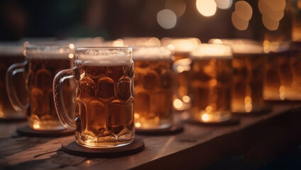 Wall Mural - Beer mugs on a table, close up. Oktoberfest, Munich. German beer festival, generative ai