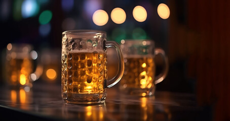 Wall Mural - Beer mug on a table, close up. Oktoberfest, Munich. German beer festival, generative ai