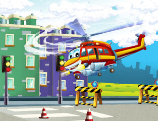 Wall Mural - cartoon happy scene with helicopter flying in city artistic painting scene