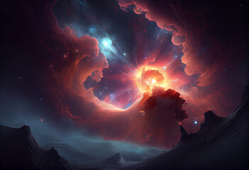 Poster - A vast, dark expanse punctuated by bright stars and swirling nebulas. Generative AI technology.