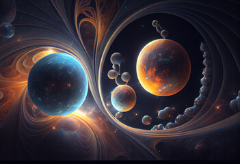 Wall Mural - A cosmic tapestry of interwoven stars and planets. Generative AI technology.