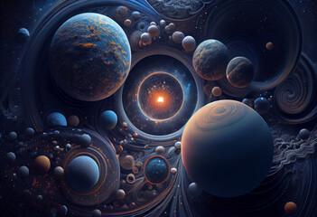 Poster - A cosmic tapestry of interwoven stars and planets. Generative AI technology.