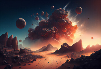 Poster - A surreal landscape of floating asteroids and shimmering dust clouds. Generative AI technology.