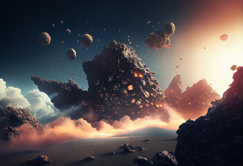 Poster - A surreal landscape of floating asteroids and shimmering dust clouds. Generative AI technology.