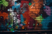 Colorful Patterns & Textures Of Sprayed Paint On Grungy Brick Wall, Urban Graffiti Art. Generative AI