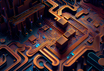 Poster - A complex, multi-layered pattern of interlocking shapes that resembles a digital circuit board. Generative AI technology.