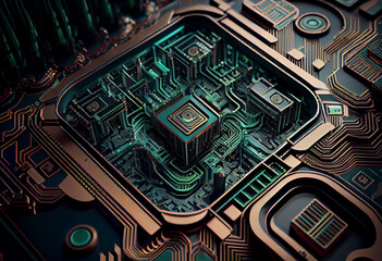 Poster - A complex, multi-layered pattern of interlocking shapes that resembles a digital circuit board. Generative AI technology.