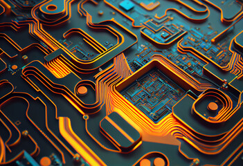 Poster - A complex, multi-layered pattern of interlocking shapes that resembles a digital circuit board. Generative AI technology.