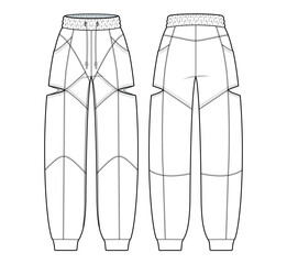 Wall Mural - Cut out cargo Pants fashion flat technical drawing template. Jogger pants with pockets. pants vector flat template. pants fashion illustration. front and back view. white. unisex, CAD mock-up set.