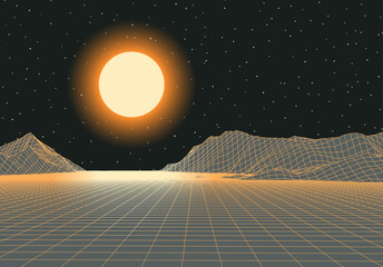 Poster - Retro futuristic landscape with mountains and sun in deep space. 80s styled synthwve landscape with sunrise over alien planet.