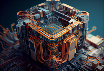 Poster - A complex, multi-layered pattern of interlocking shapes that resembles a digital circuit board. Generative AI technology.