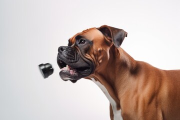 Canvas Print - Lifestyle portrait photography of an aggressive boxer dog playing with a laser pointer against a white background. With generative AI technology