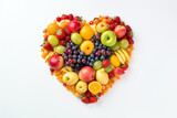 Fototapeta Tęcza - Heart shape made of different fruits and berries isolated on white background. Heart symbol. Fruit diet and healthy organic food concept. AI generated image
