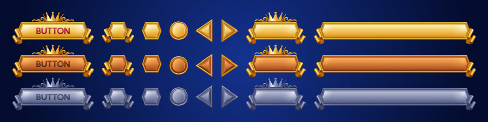 Poster - royal game buttons animation set. vector cartoon illustration of golden, silver gui frames decorated