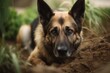 Environmental portrait photography of a scared german shepherd digging in a garden against a beach background. With generative AI technology