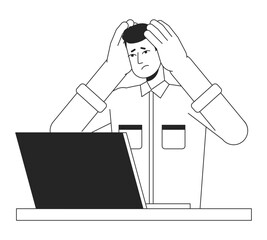 Fototapete - Man holding head with hands and looking in laptop flat line black white vector character. Editable isolated outline person. Simple cartoon style spot illustration for web graphic design, animation