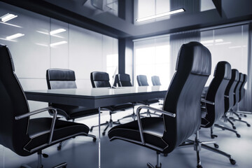 Black and white photo of conference room with table and chairs. Generative AI