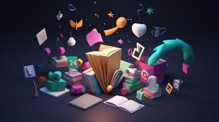 3d education and social media icons for university and school. Stack of the books, calendar, search, speech bubbles, stars and mail flying. AI-generated